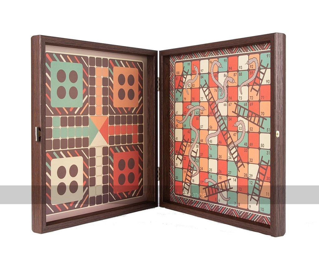 Chess, Backgammon, Ludo, Snakes and Ladders Wooden Games Compendium (Brown)