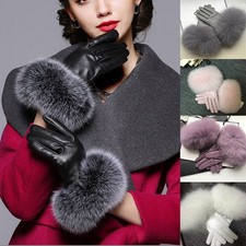 Women Genuine Lambskin Leather Gloves With Real Fox Fur Trim Cuff Winter Warm