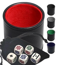 PU Leather Dice Cup Premium Poker Dice Rounded Corners White Clubs Ace w/Pouch