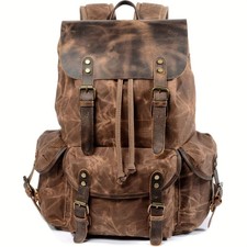 Waxed Leather Canvas Backpack Chocolate Brown...