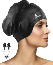 Long Hair Swim Cap for Women Men with 3D Ear Protection, Silicone Swimming Cap f