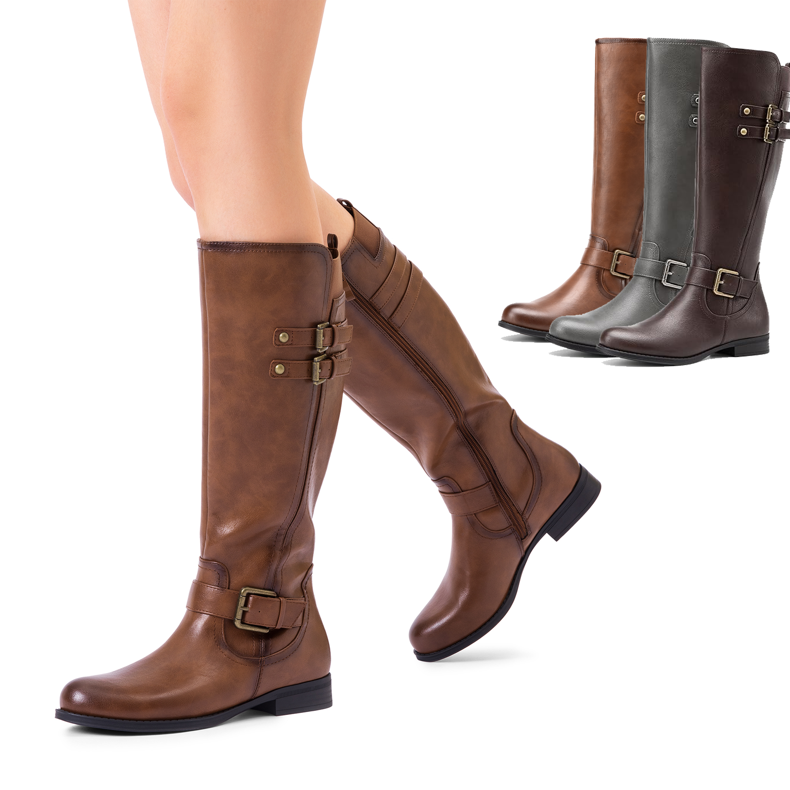 Women Knee High Riding Boots Low Heel Side Zipper Motorcycle Riding Boots