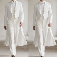 White Men's Long Suit Wedding Groomen Formal tailcoat Tuxedo Bridal Outfits 3Pcs