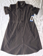 Halston Women's Black Shirt Dress L Short Sleeve Collared Button Drawstring
