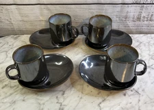 Peter Pots Pottery Mug Saucer Set 4 Cups 4 Snack Plates Blue Dark Gray