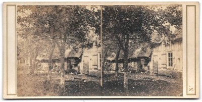 Gartenansicht und Fachwerkhaus Etretat ? Stereo Foto um 1855 Goldrand