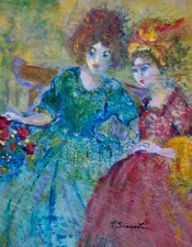 SIEVERT SIGNED COLORFUL GOUACHE PAINTING 2 SEATED FRENCH WOMEN FAUVIST FAUVISM