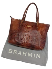 Brahmin Croc Embossed Genuine Leather Satchel Tote Brown Pecan Handbag Large