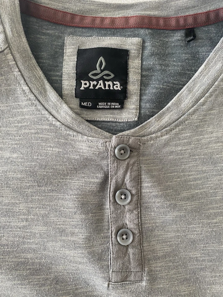 prAna Shirt Men's Medium Henley 3 Button Solid Gray Long Sleeve Hiking Shirt - Image 3 of 4