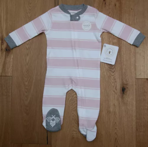 Burt's Bees Baby Girl Organic Footed Coverall ~ White, Pink & Gray ~ Stripes