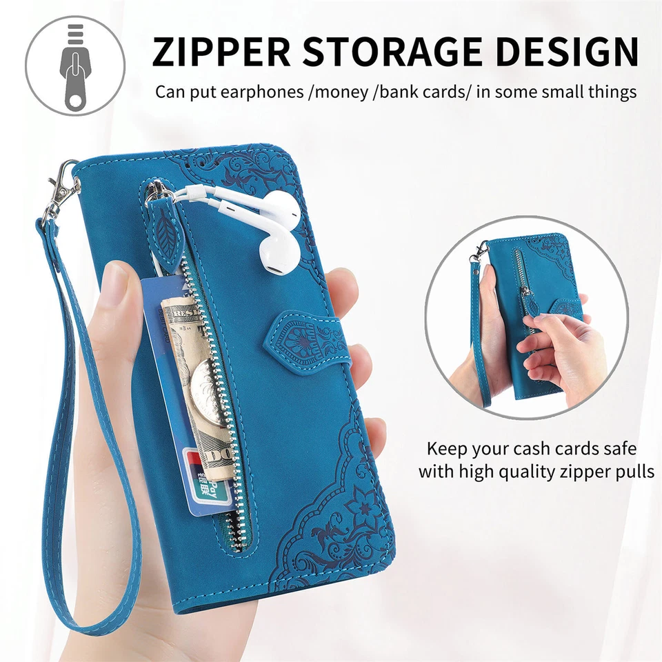 Zipper Flower Leather Phone Case For Blackview Oukitel T Mobile Sharp Doogee - Image 3 of 4