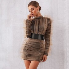 New UK M 10 Mesh Ruched Belted Bodycon Party Dress