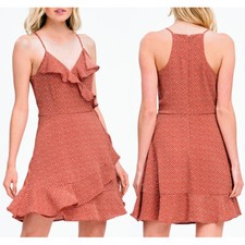 NEW Rust Cream Retro Dots Faux Wrap Pretty Ruffle Trim Boho A Line Dress