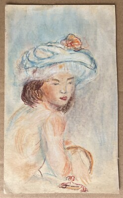 Dessin Original Pastel Gras Portrait Jeune Femme Chapeau Bleu Fleur Mode  deb XXe