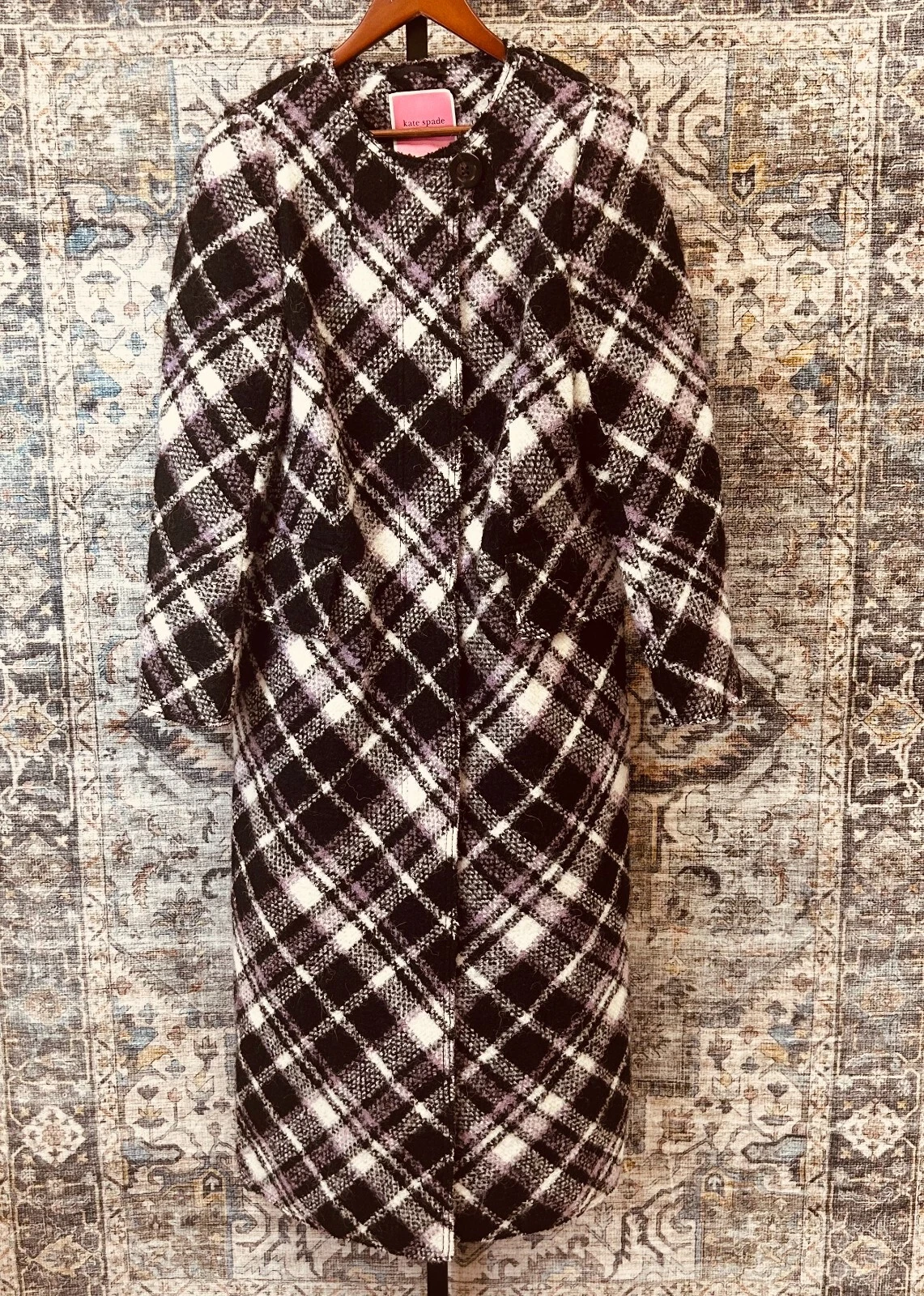 Cappotto lungo donna Kate Spade NY taglia 6 nero rosa accento a quadri boucle nuovo con etichette