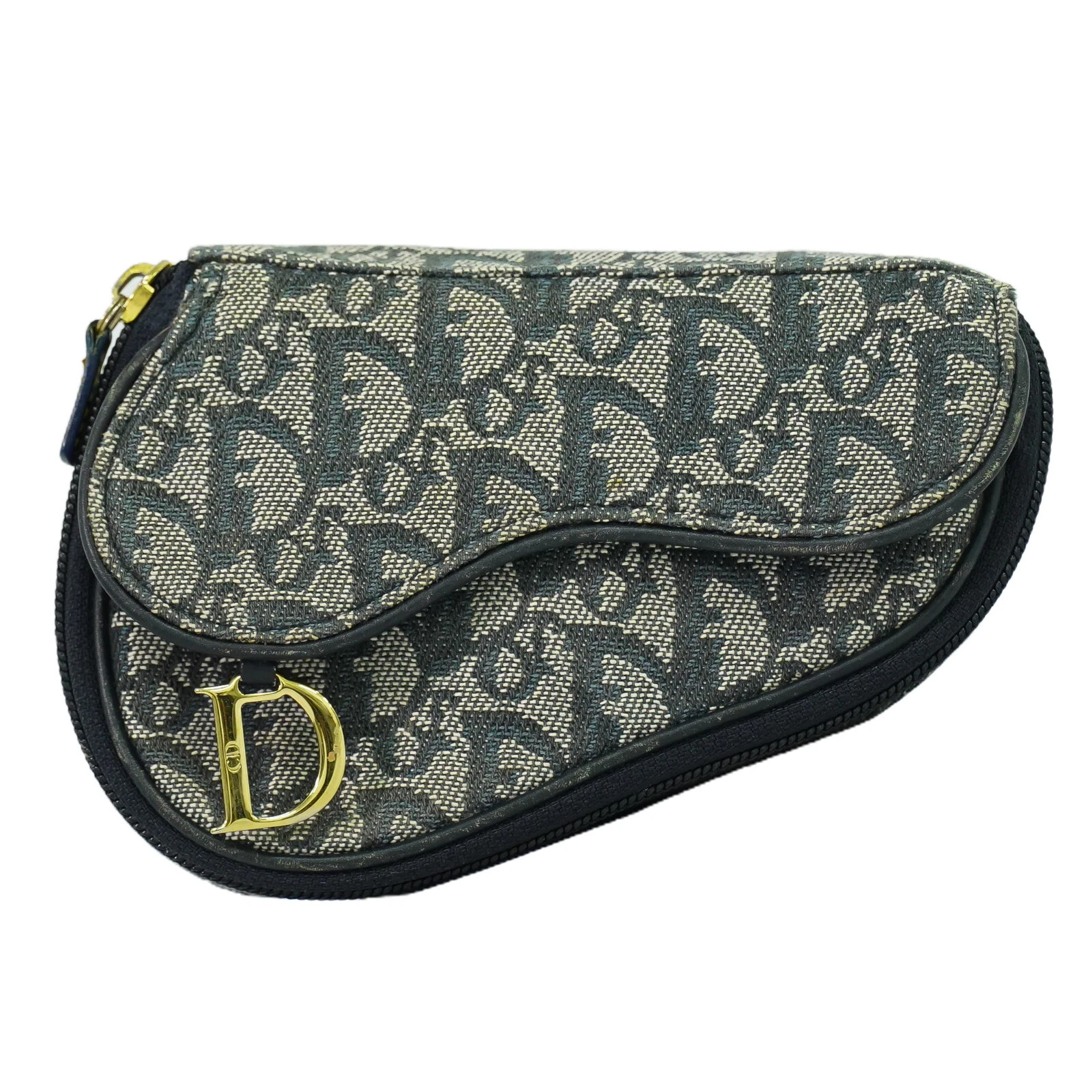 Pochette toile trotteur selle Christian Dior bleu marine doré