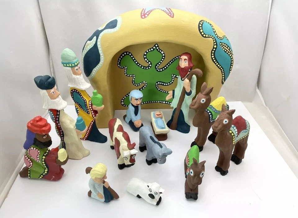 Belén de Navidad Southern Folk Art Outsider madera tallada 14p David James Foto 2 de 4