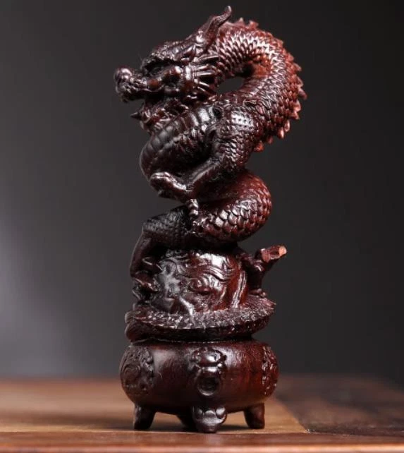 Estátua tigela tesouro contas dragão madeira sândalo vermelho folha porcelana 5" Fegnshui - Imagem 2 de 4