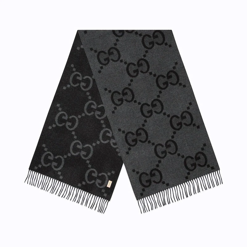 Écharpe grise logo GUCCI cachemire jacquard GG + emballage cadeau NEUF 17,7 x 78,7