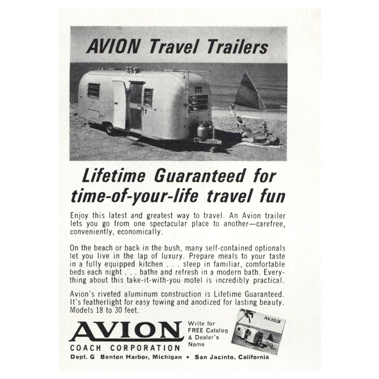 1964 Avion Travel Trailers Beach Lifetime Guaranteed Vintage Print Ad