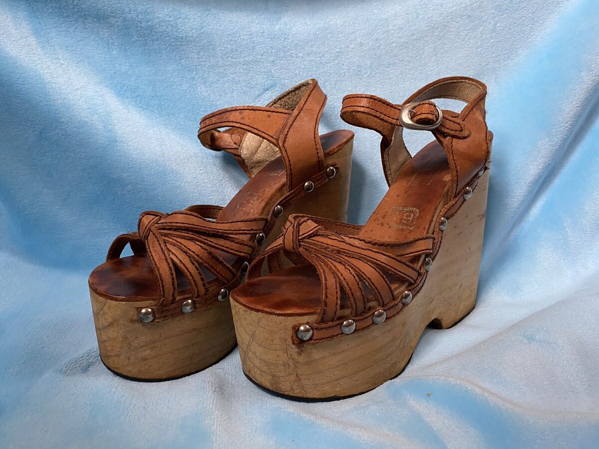 Vintage 70s 6.5 Wooden Platform Heels Sandals Leather 1970s Vintage 70s 6.5 Wooden Platform Heels Sandals Leather 1970s