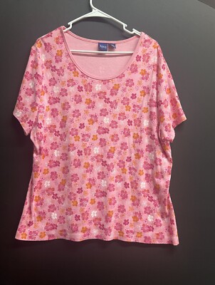 Basic Editions Top Womens 2X Pink Floral Print Shirt Stretch NWOT