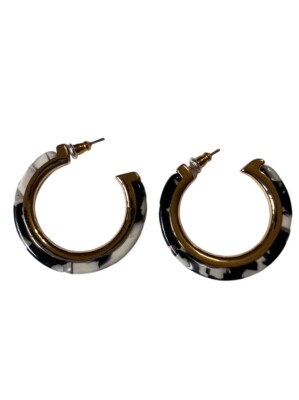 Black & White Goldtone Three Tone Open Hoop 1.25  Post Earrings Zebra Print