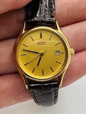 Seiko 7N82‑0101 Quartz Gold‑Tone Watch • Date • Leather Strap