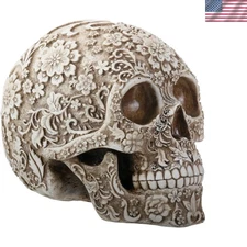 Striking 8-Inch Floral Human Skull Collectible | Handcrafted for Home Aesthetics