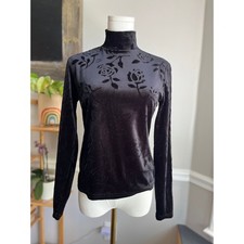 Vintage 90s Black Velvet Mockneck Blouse Roses Size Small