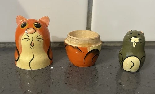 Hand-Painted Cat-Themed Russian Nesting Dolls Set Orange