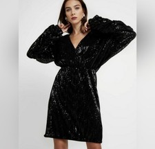 NA-KD Black Sequin Mini Dress Balloon Sleeve V Neck Party Dress M US 8
