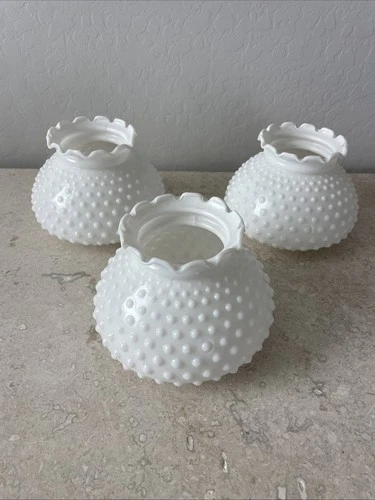 Set Of 3 Vintage Milk Glass Hobnail Glass Lamp Globes/Shades