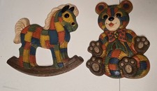 Vintage Patchwork Bear Rocking Horse Wall Plaques 80s Nursery Decor SetFoam