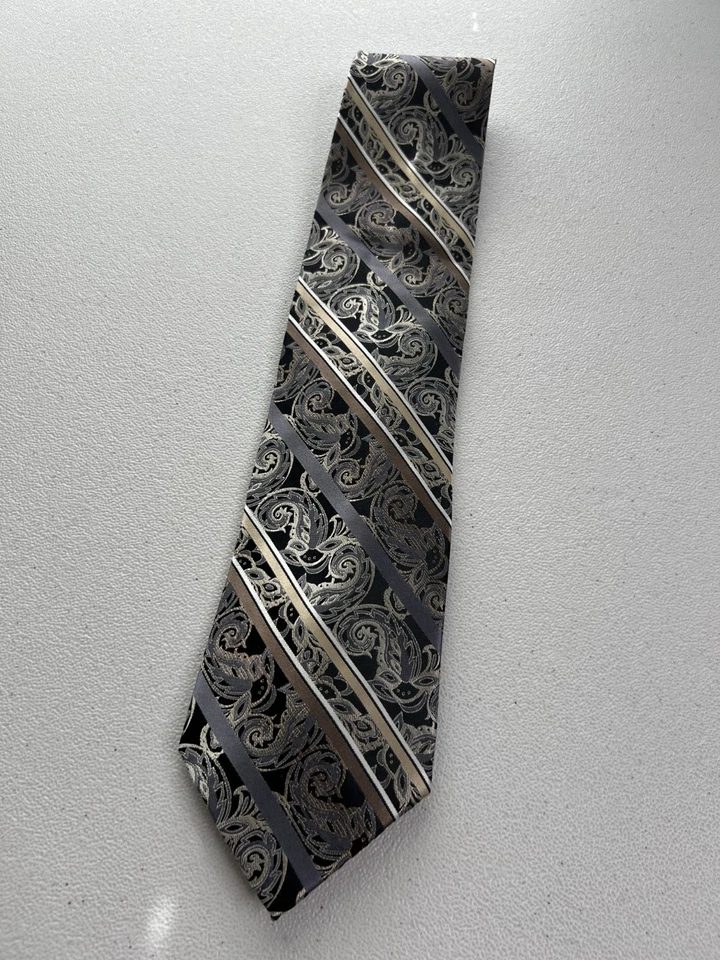 Corbata Platinum Designs negra, gris, marrón a rayas/patrón floral 100 % seda nueva sin etiquetas Foto 3 de 4