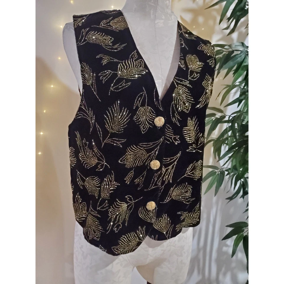 Dressbarn Vtg Velvet Glitter Sparkle Gold Button Waistcoat Vest Womens Sz L NWT - Image 4 of 4