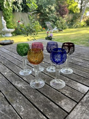 Vintage farbige geschliffene Glas Likörgläser 6er Set 13 cm