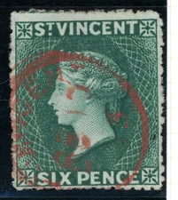 St. Vincent 1873 British Colony QV 6p Blue Green Wmk Star SG #19b VFU M412