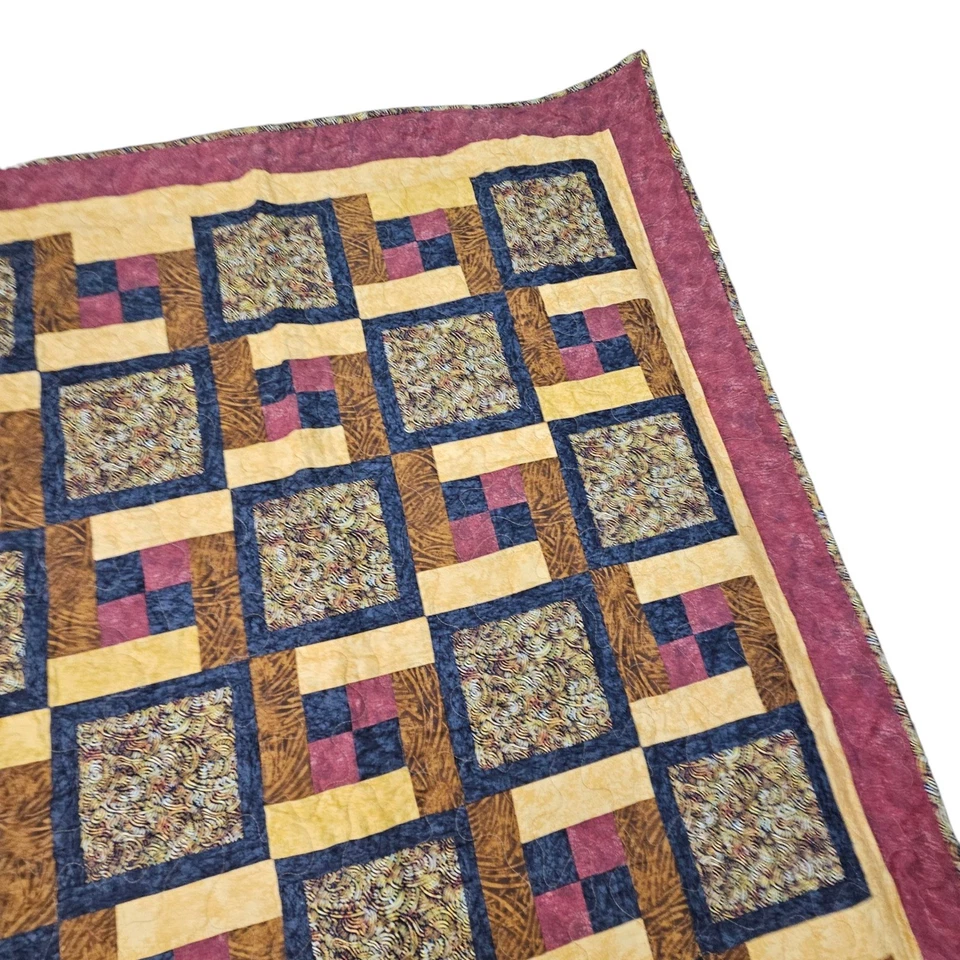 Handmade Log Cabin Quilt Blanket Rustic Farmhouse Brown Throw Grandma Cottage - Image 4 of 4