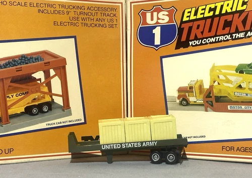 TYCO US-1 ELECTRIC TRUCKING 1983 "ARMY TRANSPORT" SET VGC FLATBED TRAILER/CRATES