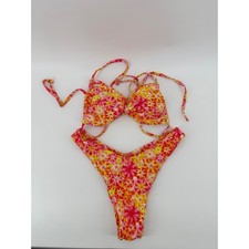 Womens Retro Floral Print Bikini Set Pink Orange Yellow High Cut Swimsuit Small
