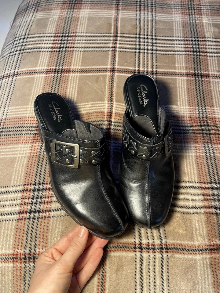 Clark's Angeline черный сложенный каблук нескользящая подошва комфорт сабо повседневный кожаный - Изображение 3 из 4