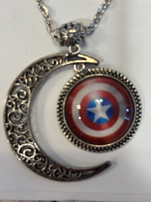 Marvel Comics Captain America Shield W/Moon Pendant on Necklace Chain.