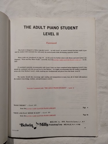 Adult Piano Student Level 2 David Carr Glover Adult Library 1970 Belwin Mills - Picture 3 of 9