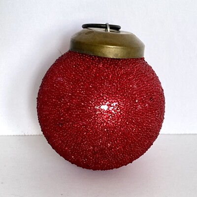 Vintage Heavy Red Kugel Ornament Christmas Micro Bead Covered Bronze Cap 2in