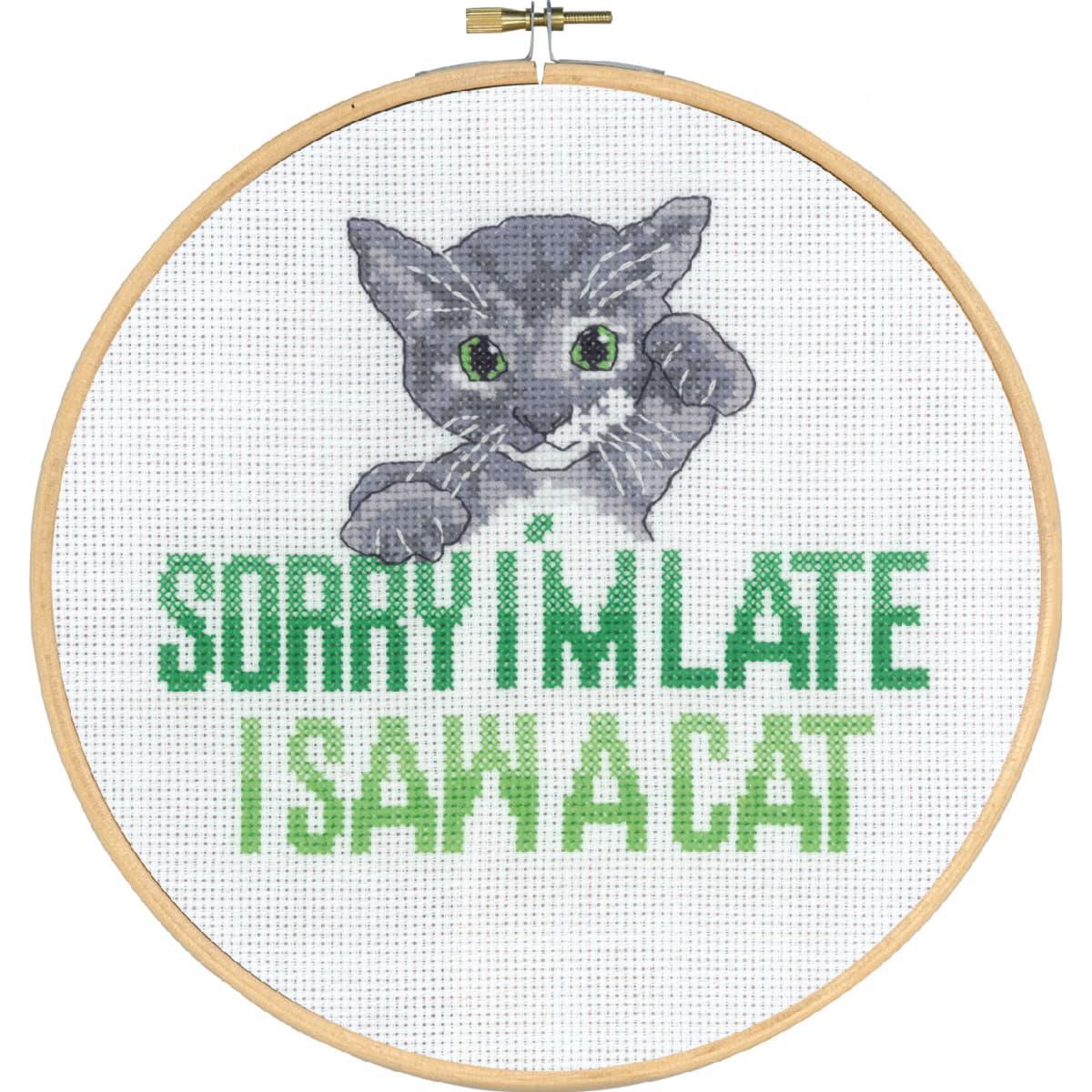 Permin counted cross stitch kit with hoop ""Sorry I´m late Cat"", Diam. 20cm, DIY,