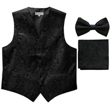New formal Men's paisley slim fit Tuxedo Vest Waistcoat Bowtie  Hankie Black