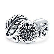Sunflower Oxidized Sunshine Flower Leaves Band Solid 925 Sterling Silver Ring