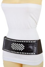 Women Dark Chocolate Brown Faux Leather Elastic Waisted Belt Silver Shield M L