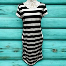 Isabel Maternity Black & White Striped Midi Dress XL Ruched Stretchy Casual